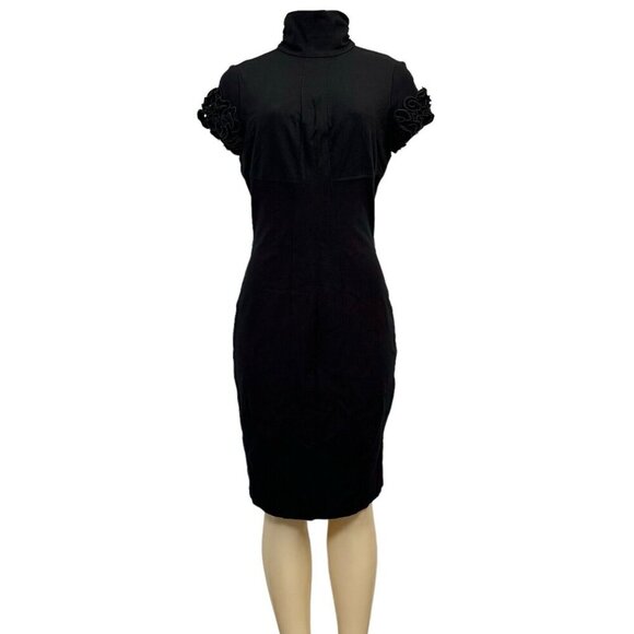 VTG Y2K Cache Contour Fitted Dress Ruffle Short Sleeve Turtleneck Knee Length 12 - Picture 3 of 16